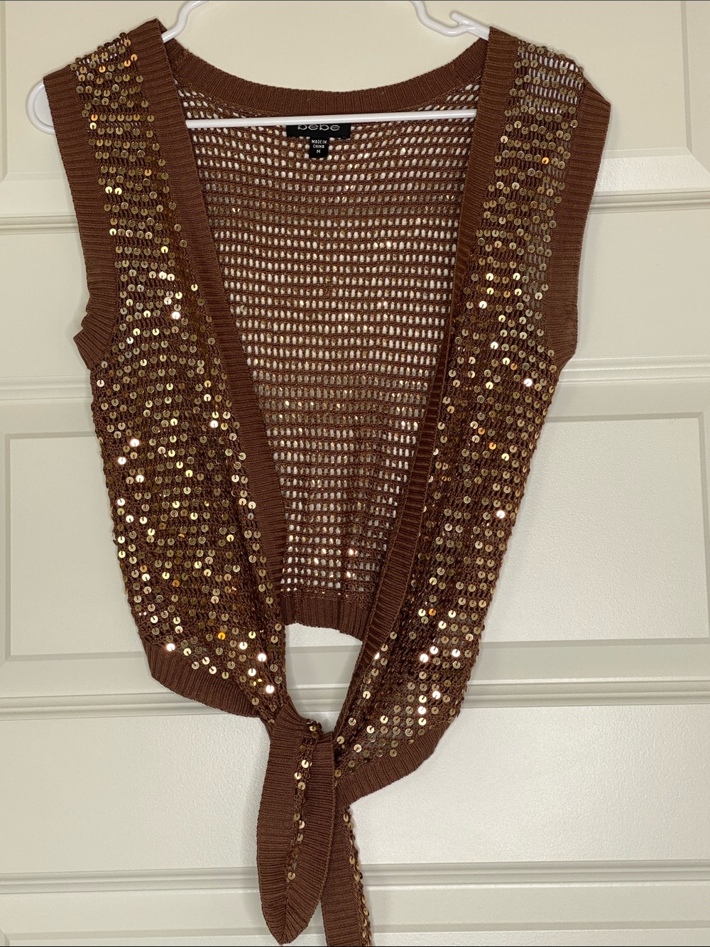 bebe y2k 100% Silk Brown Sequin Tie-Front Bolero